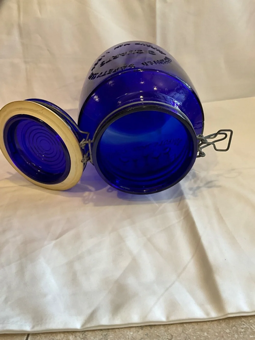 Vintage Crownford‎ China Co Cobalt Blue 2-Quart Jar Bless Our House Italy